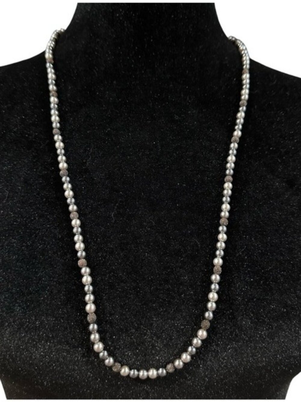 Vintage Napier Necklace Silver Tone Gray Beaded 30 Inch Length Signed Womens